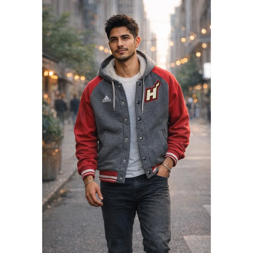 Adidas Basketball Letterman Hooded Jacket Gray Red Snap Button‎ NBA Logo Size L